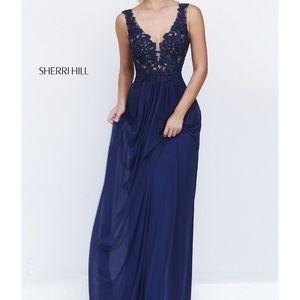 Sherri Hill 50255 Navy V-neck Floor Length Dress